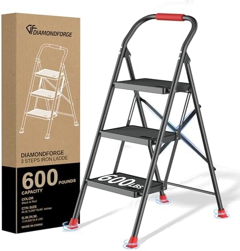 Step Ladder Foldable Folding Stool - for Home Adults Kitchen 3 Stepping Extension Tall Heavy Duty with Handrails - Closet Stepstool Stair Ladders Extendable Stepladder for Indoor House 600Lbs