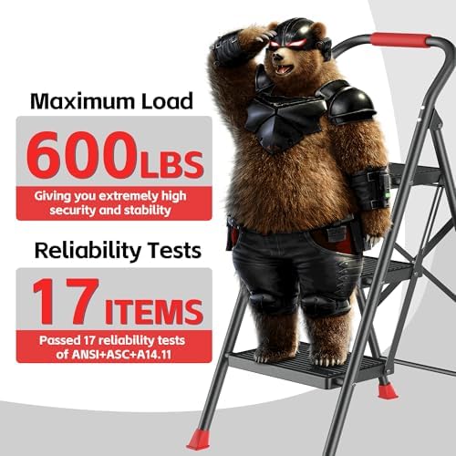 Step Ladder Foldable Folding Stool - for Home Adults Kitchen 3 Stepping Extension Tall Heavy Duty with Handrails - Closet Stepstool Stair Ladders Extendable Stepladder for Indoor House 600Lbs - Image 2