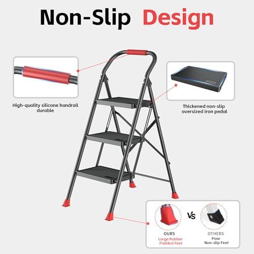 Step Ladder Foldable Folding Stool - for Home Adults Kitchen 3 Stepping Extension Tall Heavy Duty with Handrails - Closet Stepstool Stair Ladders Extendable Stepladder for Indoor House 600Lbs - Image 4