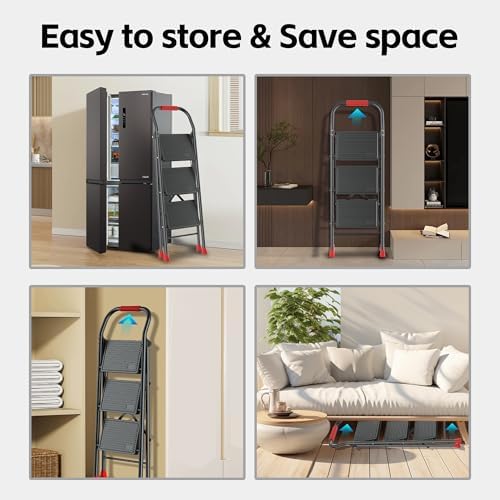 Step Ladder Foldable Folding Stool - for Home Adults Kitchen 3 Stepping Extension Tall Heavy Duty with Handrails - Closet Stepstool Stair Ladders Extendable Stepladder for Indoor House 600Lbs - Image 6