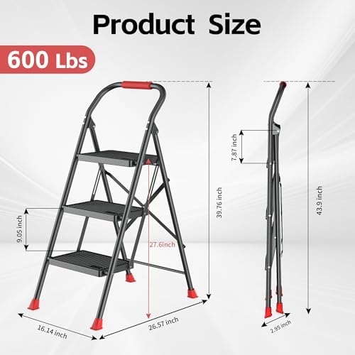 Step Ladder Foldable Folding Stool - for Home Adults Kitchen 3 Stepping Extension Tall Heavy Duty with Handrails - Closet Stepstool Stair Ladders Extendable Stepladder for Indoor House 600Lbs - Image 7