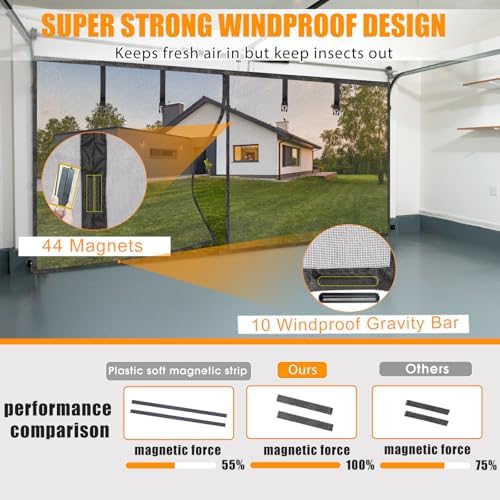 Garage Screen Doors for 1 Car Garage-9x8ft Fiberglass 1900g/4.2lb Durable Heavy Duty Magnetic Garage Door Screen Retractable Hands Free with 4 Roll Up Straps for Patio Workshop Home Gym Sun Room - Image 4