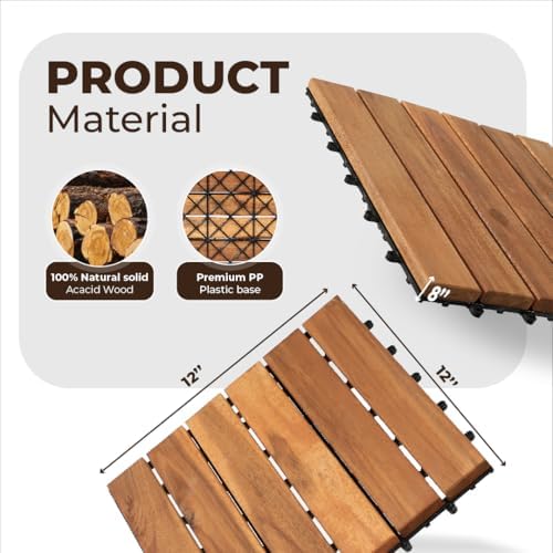 Pack of 10 Deck Tiles - 12"x12" Interlocking Natural Solid Acacia Wood for Outdoor & Indoor, Patio Garden, Balcony, Poolside - Teak Color - Image 2