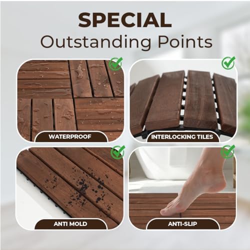 Pack of 10 Deck Tiles - 12"x12" Interlocking Natural Solid Acacia Wood for Outdoor & Indoor, Patio Garden, Balcony, Poolside - Brown Color - Image 4