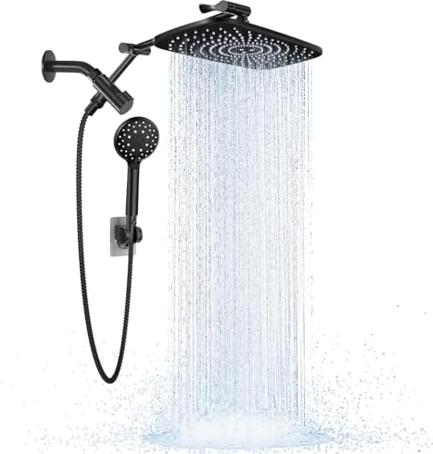 Veken [1.8gpm Eco-Flow] 11.8 Inch Rain Shower Head with 6 Modes Handheld Water Spray,Wide Showerhead Combo with Extension Arm-housewarming gift, Dual Shower with Anti-Clog Nozzles,Matte Black