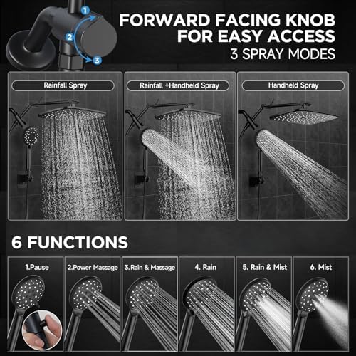 Veken [1.8gpm Eco-Flow] 11.8 Inch Rain Shower Head with 6 Modes Handheld Water Spray,Wide Showerhead Combo with Extension Arm-housewarming gift, Dual Shower with Anti-Clog Nozzles,Matte Black - Image 3