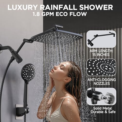 Veken [1.8gpm Eco-Flow] 11.8 Inch Rain Shower Head with 6 Modes Handheld Water Spray,Wide Showerhead Combo with Extension Arm-housewarming gift, Dual Shower with Anti-Clog Nozzles,Matte Black - Image 4