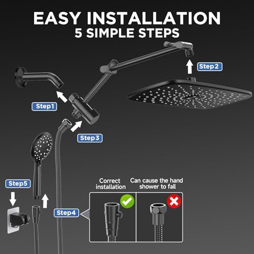 Veken [1.8gpm Eco-Flow] 11.8 Inch Rain Shower Head with 6 Modes Handheld Water Spray,Wide Showerhead Combo with Extension Arm-housewarming gift, Dual Shower with Anti-Clog Nozzles,Matte Black - Image 7