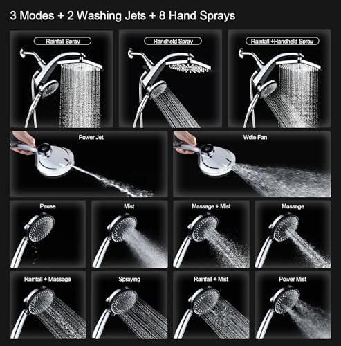 High Pressure Rain Shower Head: Upgrade Shower Heads with Handheld Spray Combo with Fixed Showerhead and 10 Sprays Handheld Shower Head, Detachable Shower head Built-in Magnetic Docking and Power Jets - Image 2
