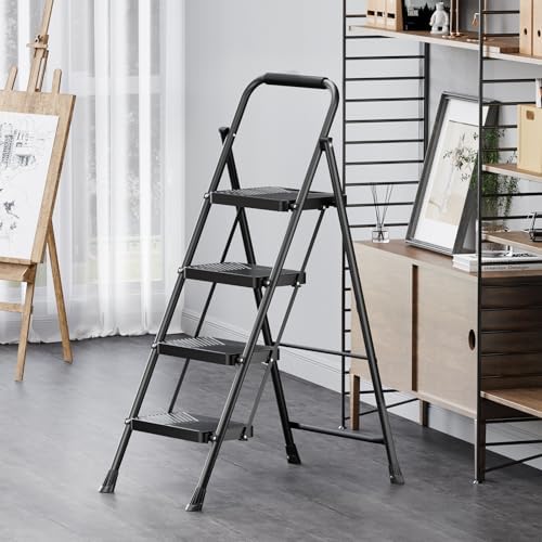 KINGRACK Folding 4 Step Ladder, Portable Ladder for Multi-Purpose, Home, Kitchen, Heavy Sturdy Steel Step Stool with Anti-Slip Wide Pedals, Handrail, Safe-Lock Design, Pass 500lbs Load Testing, Black - Image 8