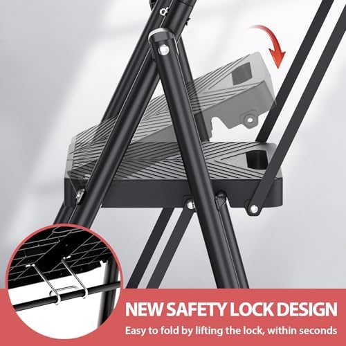 KINGRACK Folding 5 Step Ladder, Portable Ladder for Multi-Purpose, Home, Kitchen, Heavy Sturdy Steel Step Stool with Anti-Slip Wide Pedals, Handrail, Safe-Lock Design, Pass 500lbs Load Testing, Black - Image 2