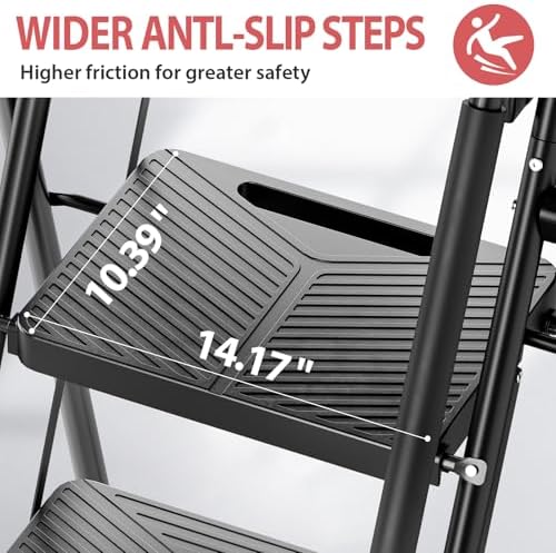 KINGRACK Folding 5 Step Ladder, Portable Ladder for Multi-Purpose, Home, Kitchen, Heavy Sturdy Steel Step Stool with Anti-Slip Wide Pedals, Handrail, Safe-Lock Design, Pass 500lbs Load Testing, Black - Image 3