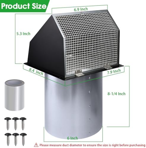 6 Inch Wall Vent Hood,Exterior Wall Exhaust Vent Cover,Dryer Vent Cover Outside with Screen and Damper,External Extractor Wall Vent Cap for Range Hood Kitchen Outdoor Air Vent,Galvanized Steel,Black - Image 2