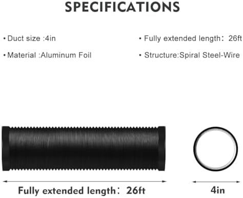 4-Inch Dryer Vent Hose 26FT, Flexible Aluminum Duct with 2 Clamps, Heavy-Duty Four Layer Protection for HVAC Ventilation and Exhaust Black - Image 3
