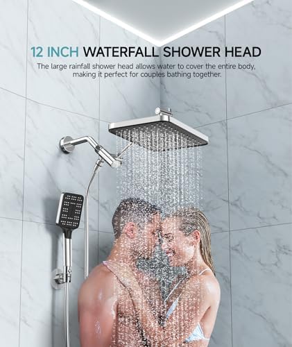 High Pressure Rain Shower Head with Handheld Spray Combo Set, Adjustable 12" Rainfall Dual Shower Head, Double&Tandem Shower Head, Waterfall Showerhead Bathroom -Silver Chrome - Image 2