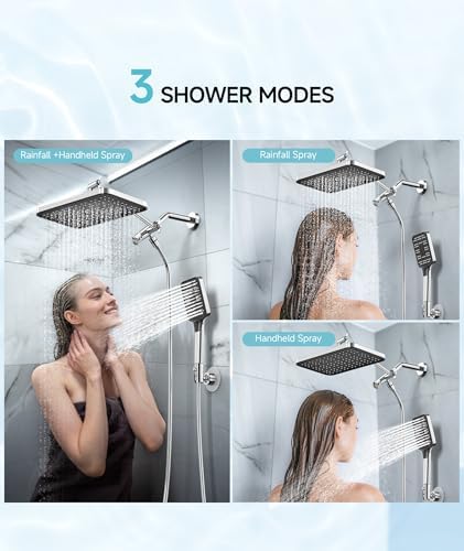 High Pressure Rain Shower Head with Handheld Spray Combo Set, Adjustable 12" Rainfall Dual Shower Head, Double&Tandem Shower Head, Waterfall Showerhead Bathroom -Silver Chrome - Image 3