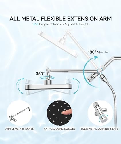 High Pressure Rain Shower Head with Handheld Spray Combo Set, Adjustable 12" Rainfall Dual Shower Head, Double&Tandem Shower Head, Waterfall Showerhead Bathroom -Silver Chrome - Image 6