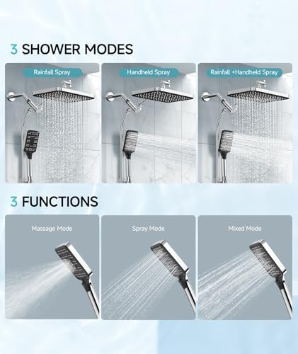 High Pressure Rain Shower Head with Handheld Spray Combo Set, Adjustable 12" Rainfall Dual Shower Head, Double&Tandem Shower Head, Waterfall Showerhead Bathroom -Silver Chrome - Image 7