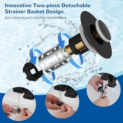 Hibbent 2 Pack 3 in 1 Bathroom Sink Drain Strainer, Pop Up Stopper with Removable Stainless Steel Filter Basket Hair Catcher, Sink Plug for 1.1''~2.36'' Basin, Brass Bullet Core, Oil Rubbed Bronze - Image 4