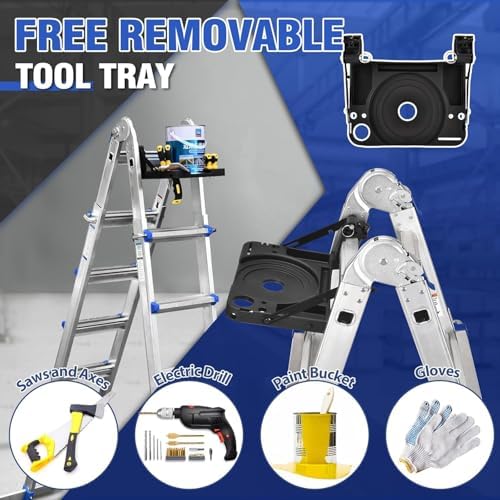 HBTower A Frame 5 Step Extension Ladder, 19 Ft Multi Position Ladder with Removable Tool Tray and Stabilizer Bar, 330 lbs Capacity Telescoping La dder for Household and Outdoor Work (Blue, 19FT) - Image 3