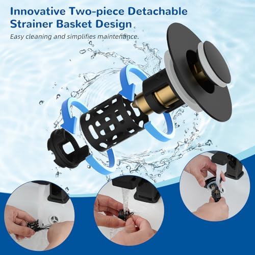 Hibbent Upgraded 3 in 1 Bathroom Sink Drain Strainer, Universal Pop Up Stopper, Removable Stainless Steel Filter Basket Hair Catcher, Sink Plug for 1.1''~2.36'' Basin, Brass Bullet Core, Matte Black - Image 4