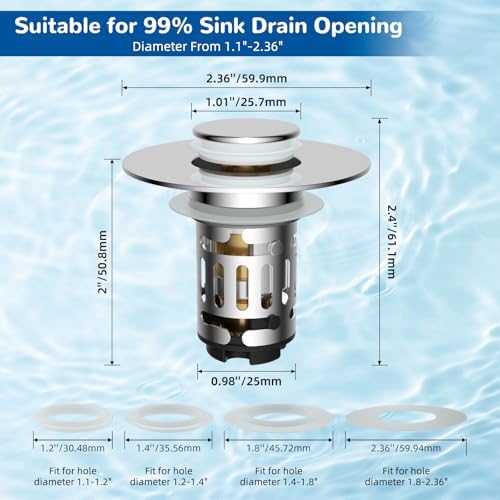 Hibbent 2 Pack 3 in 1 Bathroom Sink Drain Strainer, Universal Pop Up Stopper with Removable Stainless Steel Filter Basket Hair Catcher, Sink Plug for 1.1''~2.36'' Basin, Brass Bullet Core, Chrome - Image 8