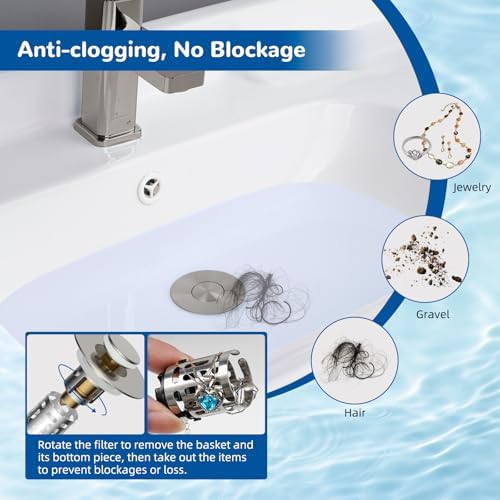 Hibbent 2 Pack Upgraded 3 in 1 Bathroom Sink Drain Strainer, Universal Pop Up Stopper with Removable Stainless Steel Filter Basket Hair Catcher, Sink Plug for 1.1''~2.36'' Basin, Brushed Nickel - Image 2