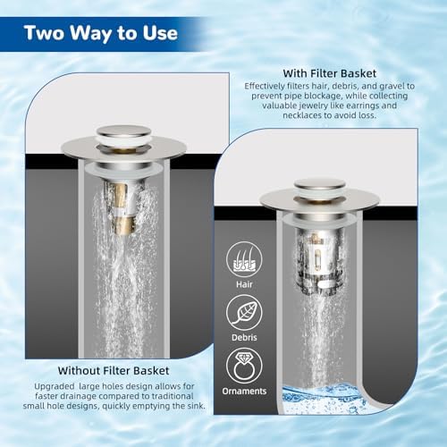 Hibbent 2 Pack Upgraded 3 in 1 Bathroom Sink Drain Strainer, Universal Pop Up Stopper with Removable Stainless Steel Filter Basket Hair Catcher, Sink Plug for 1.1''~2.36'' Basin, Brushed Nickel - Image 3