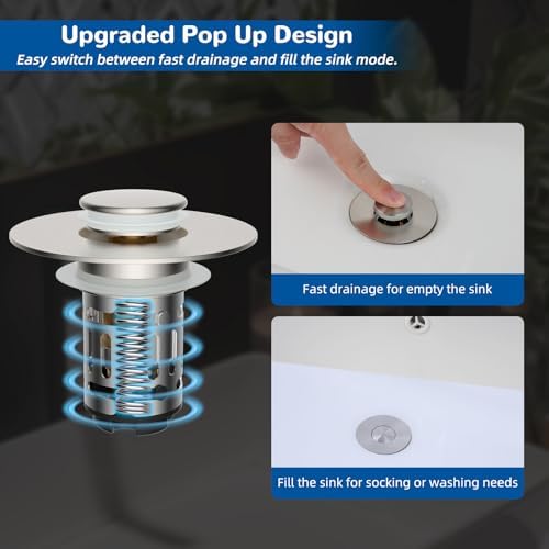 Hibbent 2 Pack Upgraded 3 in 1 Bathroom Sink Drain Strainer, Universal Pop Up Stopper with Removable Stainless Steel Filter Basket Hair Catcher, Sink Plug for 1.1''~2.36'' Basin, Brushed Nickel - Image 6