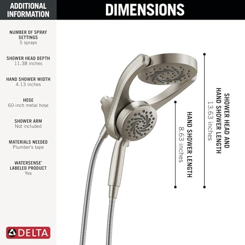 Delta Faucet 5-Setting HydroRain 2-in-1 Dual Shower Head with ProClean Spray, Satin Nickel Round Shower Head with Hose, Hand Held Shower Head, Satin Nickel 75419SN - Image 5