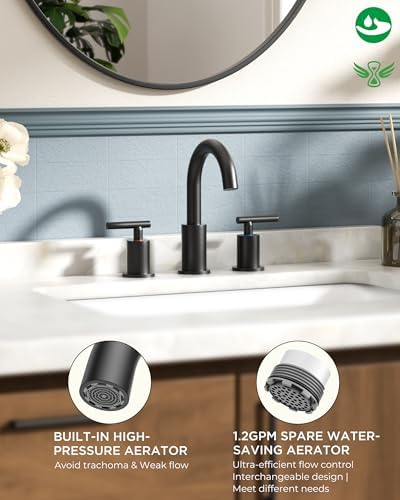 FORIOUS Bathroom Faucets, 8 Inch Widespread Matte Black Bathroom Sink Faucet 3 Hole with 360°Swivel Spout, Suitable for 6-12 Inch Vanity Sink, with Metal Pop-up Drain and cUPC Supply Line - Image 2
