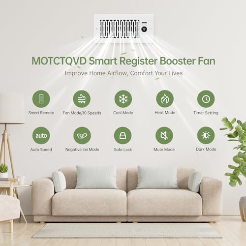 Register Booster Fan Fits 4” x 10” Register Holes, Smart Control Heating Cooling AC Vent Fan, 10-Speed Quiet Register Vent Booster Fans with Thermostat Control & Remote Control - Image 2