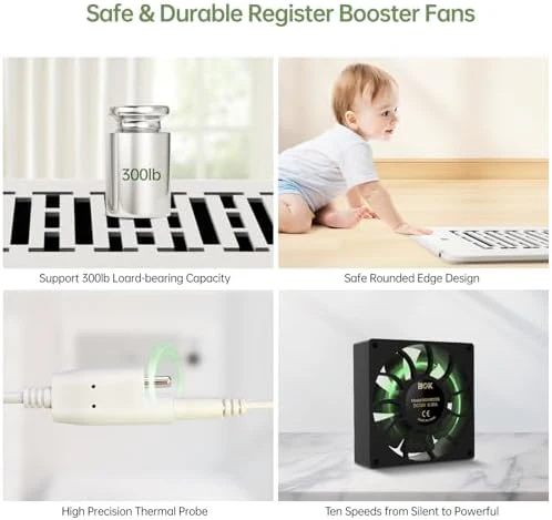 Register Booster Fan Fits 4” x 10” Register Holes, Smart Control Heating Cooling AC Vent Fan, 10-Speed Quiet Register Vent Booster Fans with Thermostat Control & Remote Control - Image 6