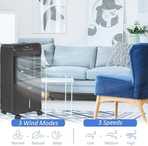 HOMCOM 32" Evaporative Air Cooler, 60° Oscillating, 3-In-1 Ice Cooling Fan, Portable Swamp Cooler with Humidifier, Water Tank for Home Office, 3 Modes, 3 Speeds, 12H Timer, Remote, Black - Image 4