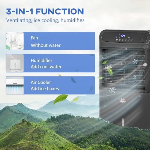 HOMCOM 32" Evaporative Air Cooler, 60° Oscillating, 3-In-1 Ice Cooling Fan, Portable Swamp Cooler with Humidifier, Water Tank for Home Office, 3 Modes, 3 Speeds, 12H Timer, Remote, Black - Image 5