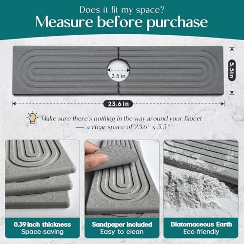 Kitchen Faucet Absorbent Mat - Large Diatomaceous Earth Splash Guard for Sink Faucet, Aesthetic Water Absorbing Stone Tray in The Modern Home [Grey, 23.6" x 5.5"] - Image 2