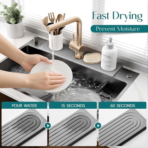 Kitchen Faucet Absorbent Mat - Large Diatomaceous Earth Splash Guard for Sink Faucet, Aesthetic Water Absorbing Stone Tray in The Modern Home [Grey, 23.6" x 5.5"] - Image 3