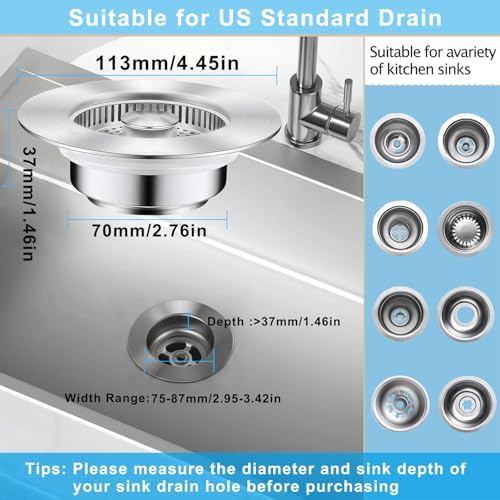 3-in-1 Kitchen Sink Drain Strainer & Stopper, Stainless Steel Food Catcher Plug with Filter Basket, Fits 3-1/2 Inch Drain Hole, Universal Sink Protector Cover, Anti-Clogging, Silver - Image 6