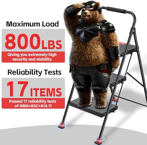 Step Ladder Foldable Folding Stool - for Home Adults Kitchen 3 Stepping Extension Tall Heavy Duty with Handrails - Closet Stepstool Stair Ladders Extendable Stepladder for Indoor House 800Lbs - Image 2