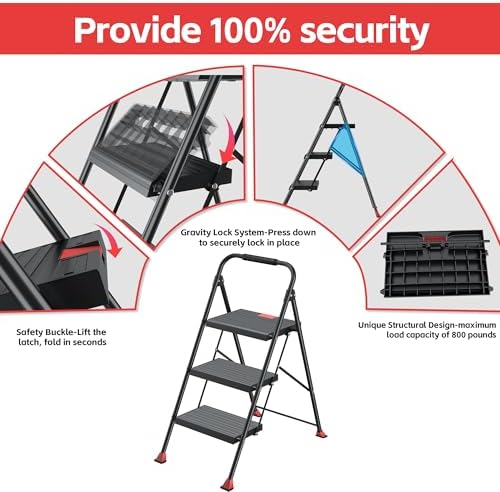 Step Ladder Foldable Folding Stool - for Home Adults Kitchen 3 Stepping Extension Tall Heavy Duty with Handrails - Closet Stepstool Stair Ladders Extendable Stepladder for Indoor House 800Lbs - Image 5