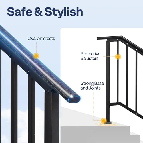 VIVOHOME 2-Pack Wrought Iron Hand Rails for Outdoor Steps – 40.6" Black Oval and Safety Balusters Exterior Railing Kit for Porch, Deck, or Indoor Stairs (4-Step, Black) - Image 5