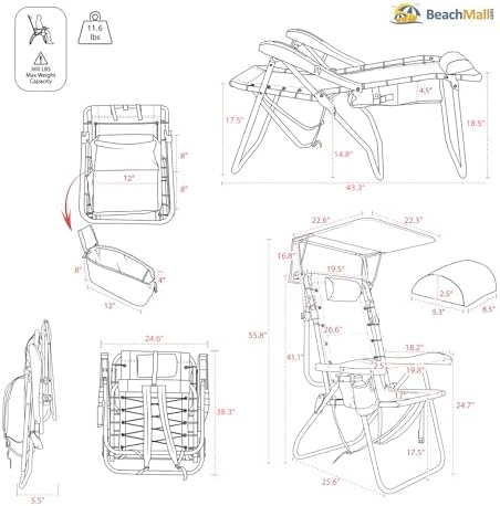Ultimate Heavy Duty High Seat Aluminum Folding Backpack Beach Chair for Adults | Lay Flat, 5 Reclining Positions | Removable Insulated Cooler Pouch & Canopy for UV Protection - Image 2