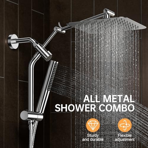 Veken 10" Luxurious All Metal Rain Shower Head with Handheld Spray Combo, High Pressure Rainfall Square Shower Heads with Extention Arm, Wide Dual Showerhead, Bathroom Accessories, Chrome, Silver - Image 2
