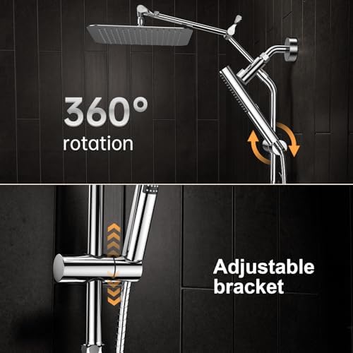 Veken 10" Luxurious All Metal Rain Shower Head with Handheld Spray Combo, High Pressure Rainfall Square Shower Heads with Extention Arm, Wide Dual Showerhead, Bathroom Accessories, Chrome, Silver - Image 3