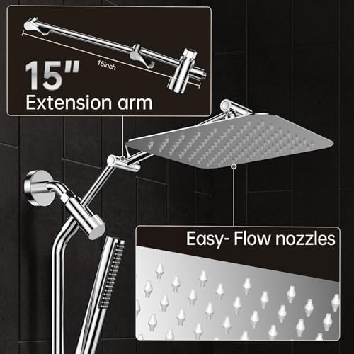 Veken 10" Luxurious All Metal Rain Shower Head with Handheld Spray Combo, High Pressure Rainfall Square Shower Heads with Extention Arm, Wide Dual Showerhead, Bathroom Accessories, Chrome, Silver - Image 6