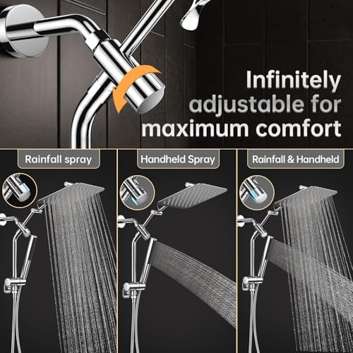 Veken 10" Luxurious All Metal Rain Shower Head with Handheld Spray Combo, High Pressure Rainfall Square Shower Heads with Extention Arm, Wide Dual Showerhead, Bathroom Accessories, Chrome, Silver - Image 7