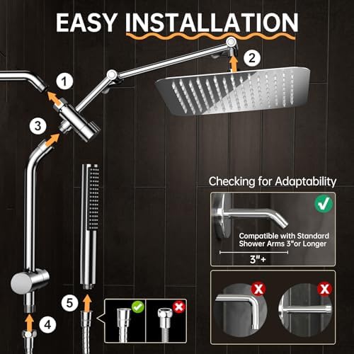 Veken 10" Luxurious All Metal Rain Shower Head with Handheld Spray Combo, High Pressure Rainfall Square Shower Heads with Extention Arm, Wide Dual Showerhead, Bathroom Accessories, Chrome, Silver - Image 8