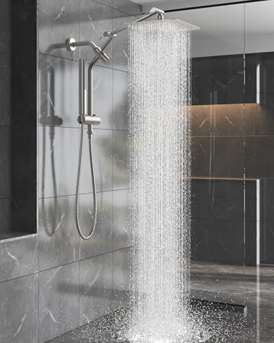 Veken 10" Luxurious Brushed Nickel All Metal Rain Shower Head with Handheld Spray Combo, High Pressure Rainfall Square Shower Heads with Extention Arm, Wide Dual Showerhead, Bathroom Accessories