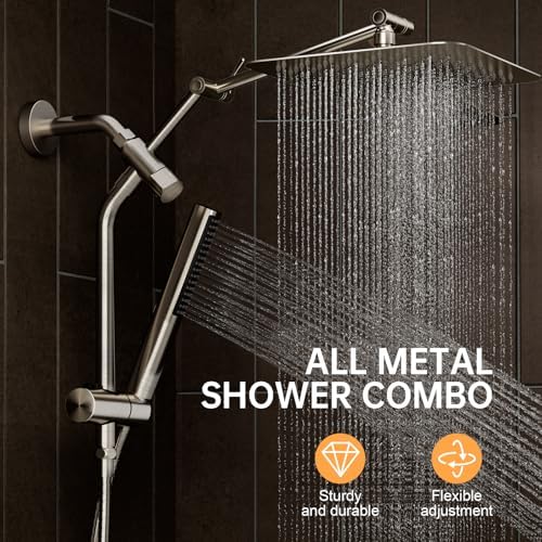Veken 10" Luxurious Brushed Nickel All Metal Rain Shower Head with Handheld Spray Combo, High Pressure Rainfall Square Shower Heads with Extention Arm, Wide Dual Showerhead, Bathroom Accessories - Image 2