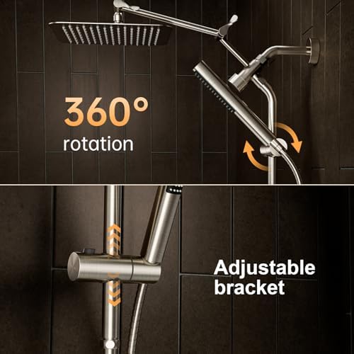 Veken 10" Luxurious Brushed Nickel All Metal Rain Shower Head with Handheld Spray Combo, High Pressure Rainfall Square Shower Heads with Extention Arm, Wide Dual Showerhead, Bathroom Accessories - Image 3